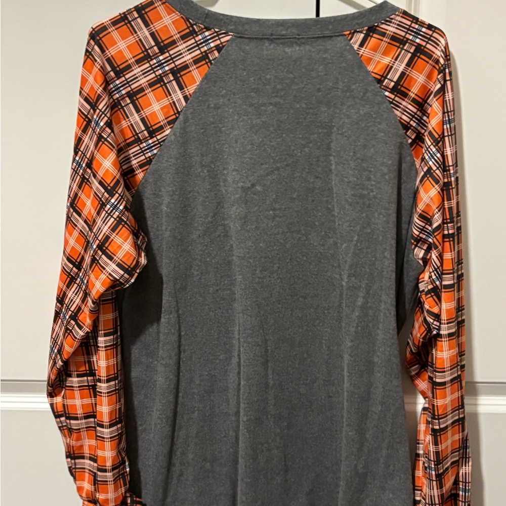Gray and Orange Plaid Sleeve Top